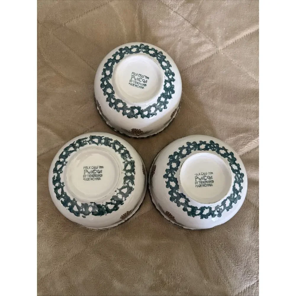 Tienshan Folk Craft Soup/Cereal Bowls Pine Cone Stoneware Spongeware Set Of 3